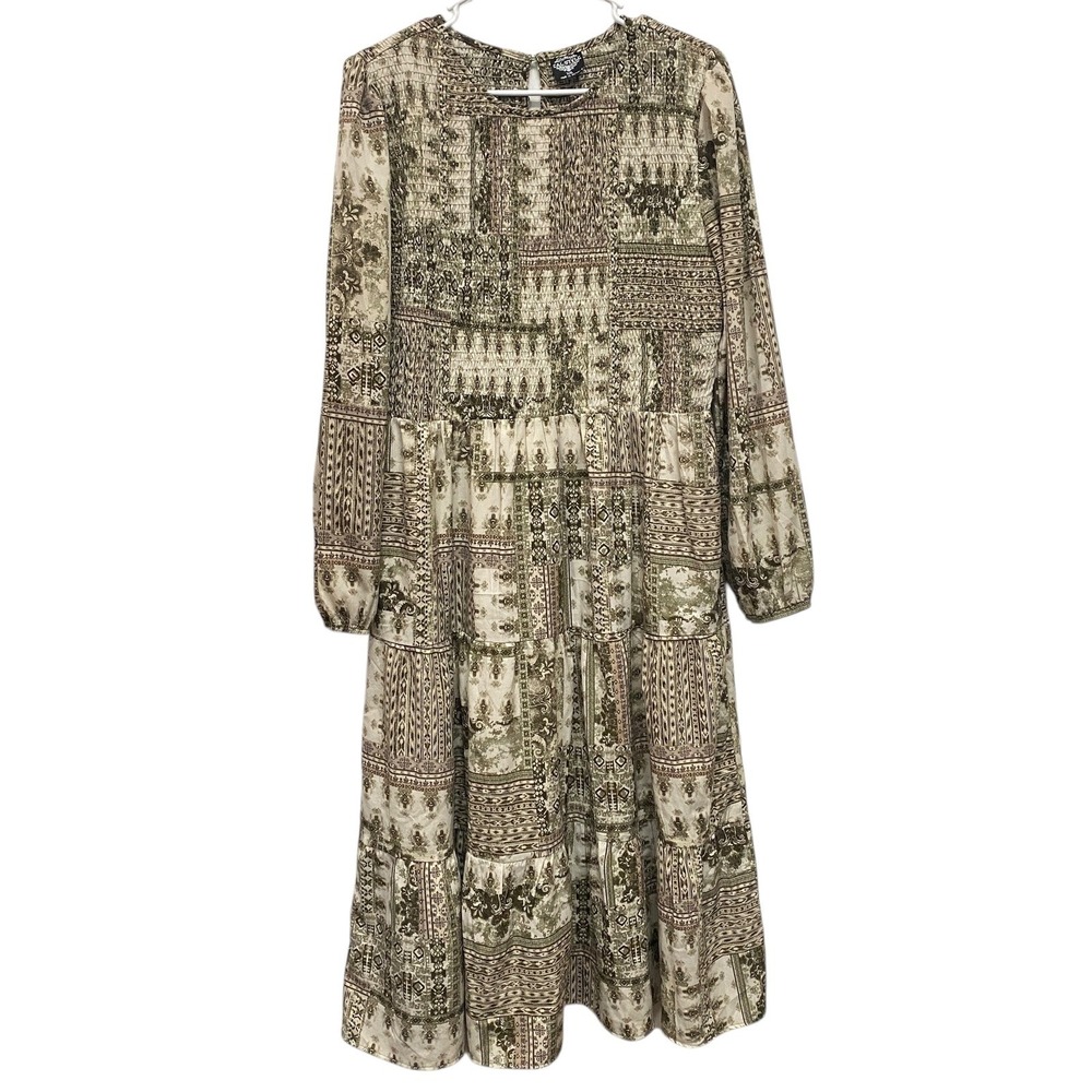 CAL STYLE Womens XXL Midi Dress Beige Brown Floral Patchwork Boho Hippie Artsy